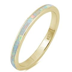 Stackable Yellow Tone, Lab White Opal Wedding Band Ring 925 Sterling Silver